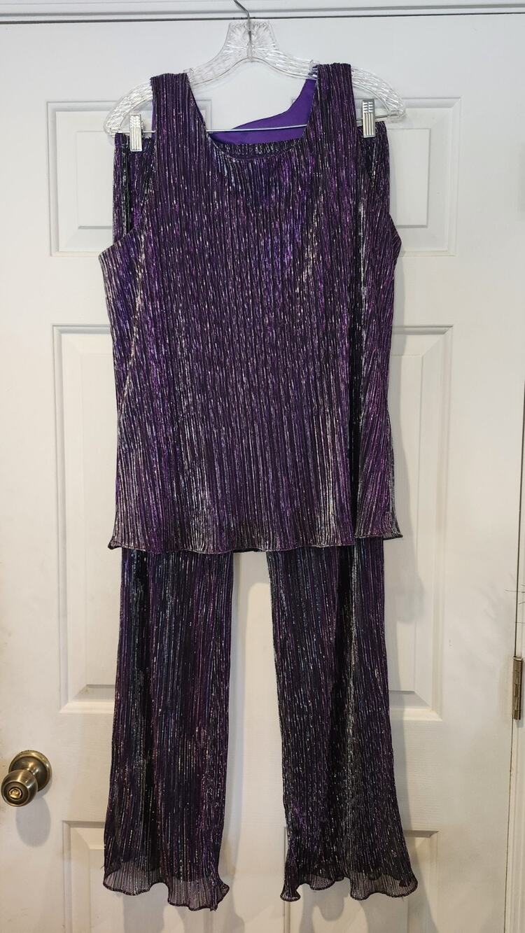 VTG Come N See Plisse Pleated 2pc Pant Set Metallic Purple Silver Disco 1X #262